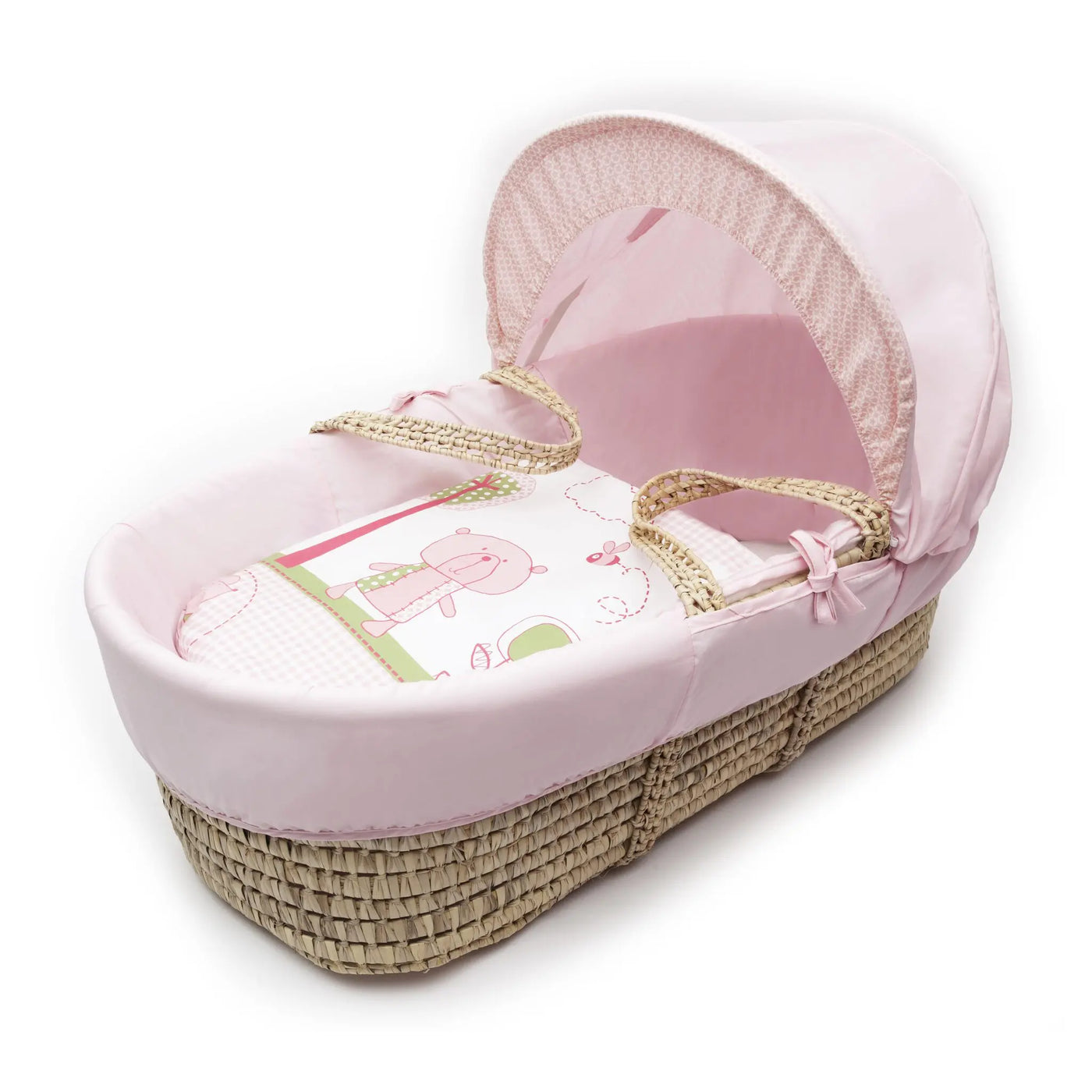 Tiny Ted Pink Palm Moses Basket with Folding Stand Natural