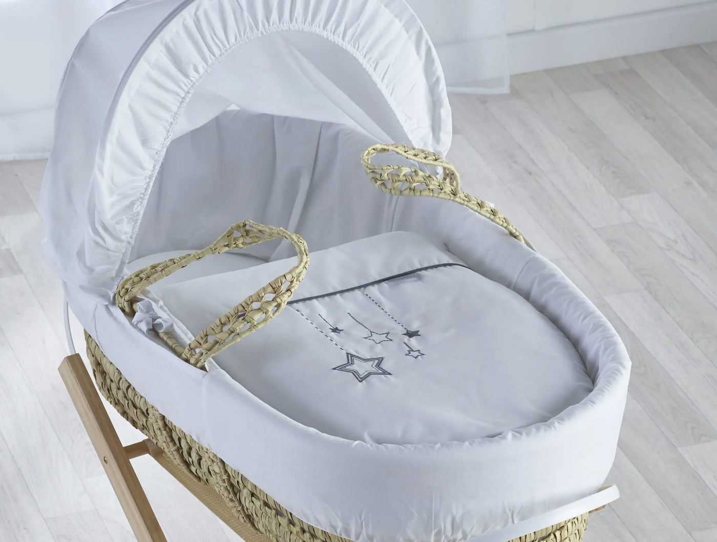 White Wish Upon A Star Palm Moses Basket with Folding Stand Natural/White