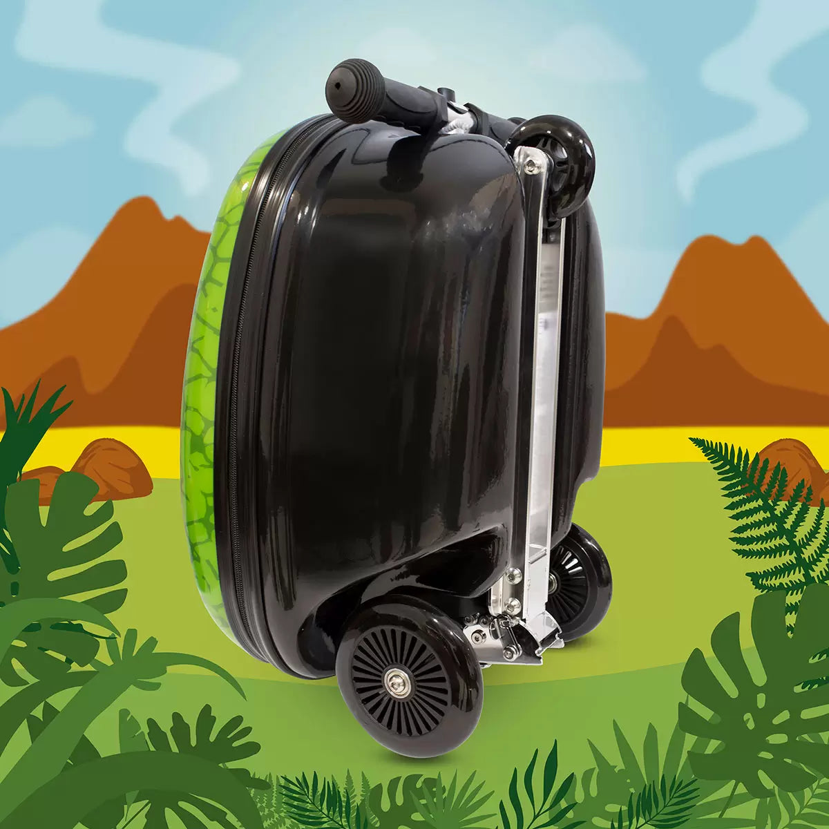 Turns Travel into Adventure Midi 18" Scooter Suitcase, Darwin the Dinosaur - Green/Black