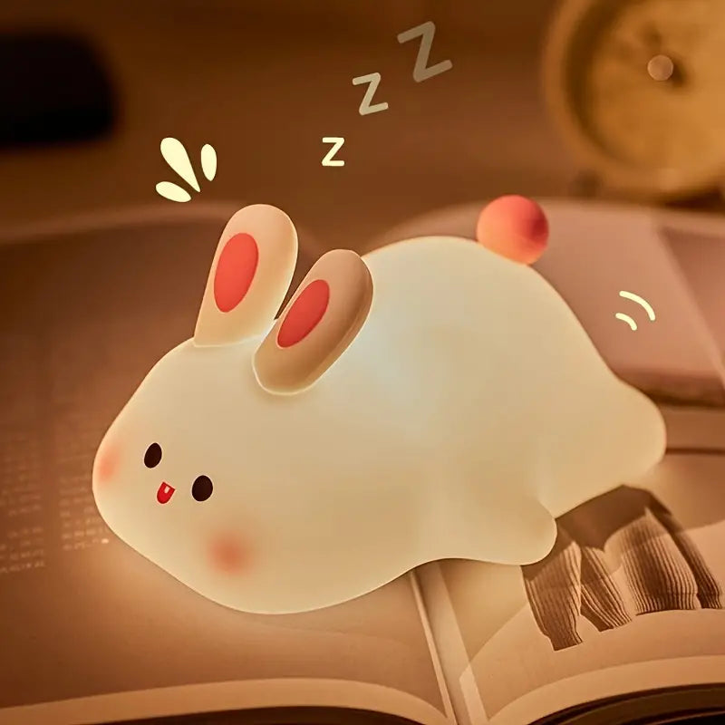 Rabbit Silicone Night Light, Modern Bia Face Cute Animal Bedside Lamp, USB Rechargeable, Nursery, Dimmable Timer Function