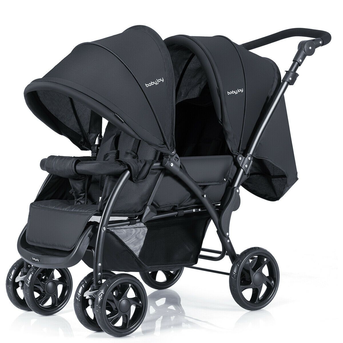 Double Pushchair with Adjustable Backrest and Sunshade - Black, Grey