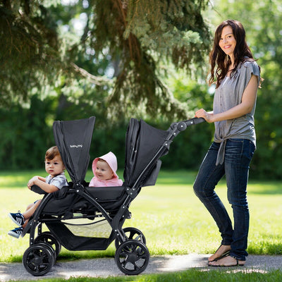 Double Pushchair with Adjustable Backrest and Sunshade - Black, Grey