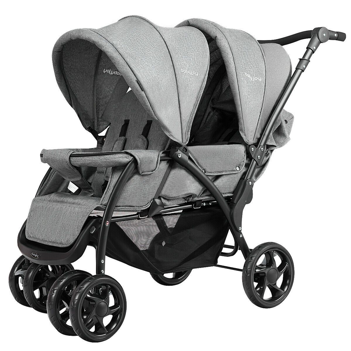 Double Pushchair with Adjustable Backrest and Sunshade - Black, Grey