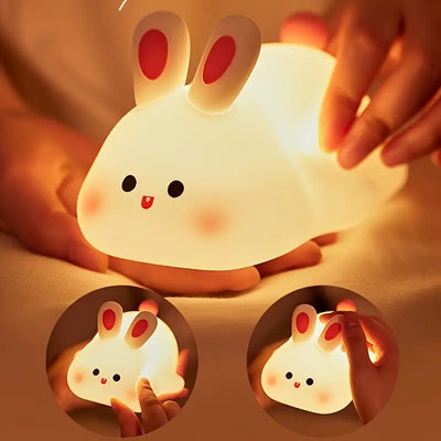 Rabbit Silicone Night Light, Modern Bia Face Cute Animal Bedside Lamp, USB Rechargeable, Nursery, Dimmable Timer Function