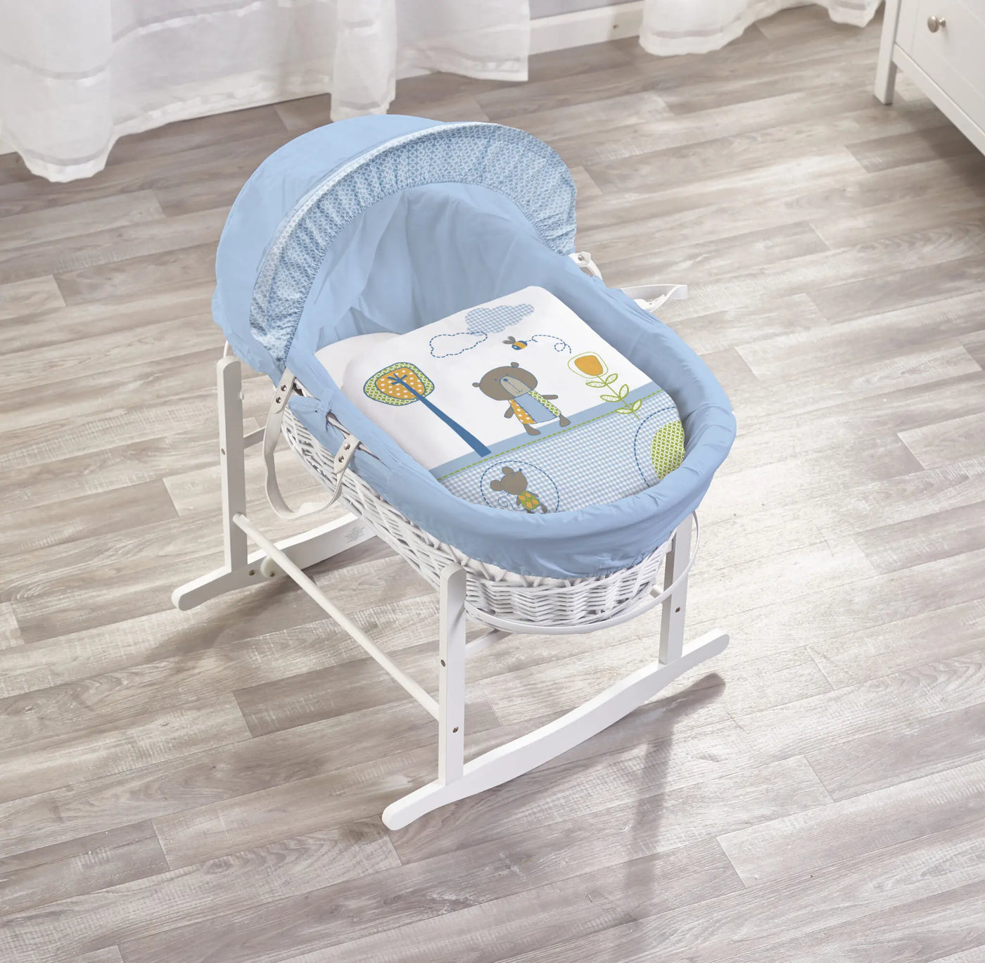 Tiny Ted Blue White Wicker Moses Basket