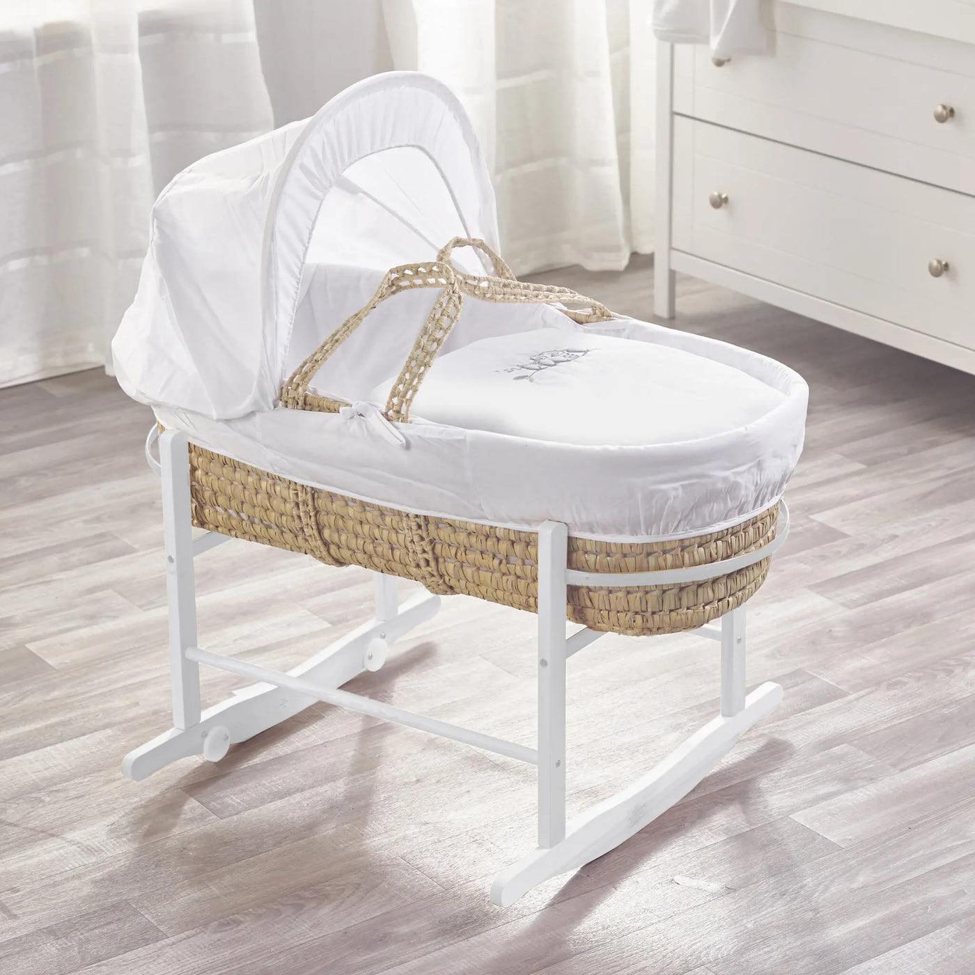 Sleepy Little Owl Palm Moses Basket with Rocking Stand Natural/White