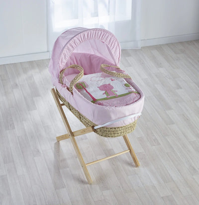 Tiny Ted Pink Palm Moses Basket with Folding Stand Natural