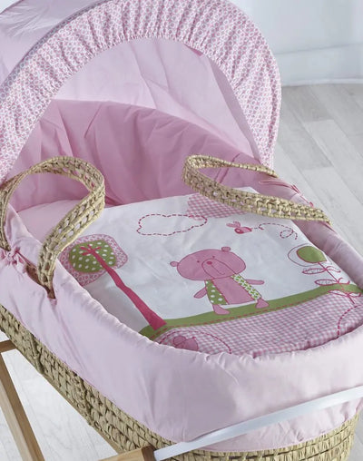 Tiny Ted Pink Palm Moses Basket with Folding Stand Natural