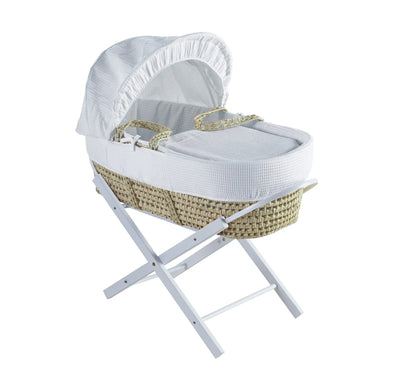 White Waffle Palm Moses Basket with Folding Stand Natural/White