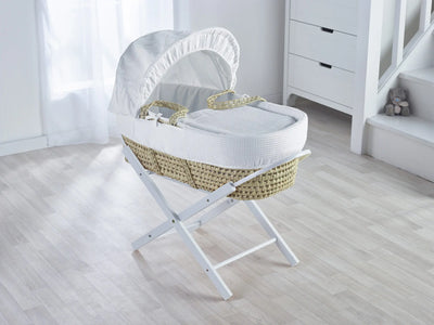 White Waffle Palm Moses Basket with Folding Stand Natural/White