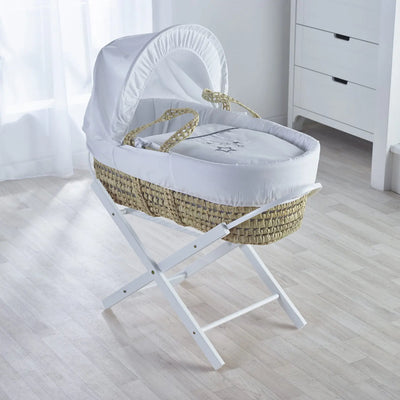 White Wish Upon A Star Palm Moses Basket with Folding Stand Natural/White