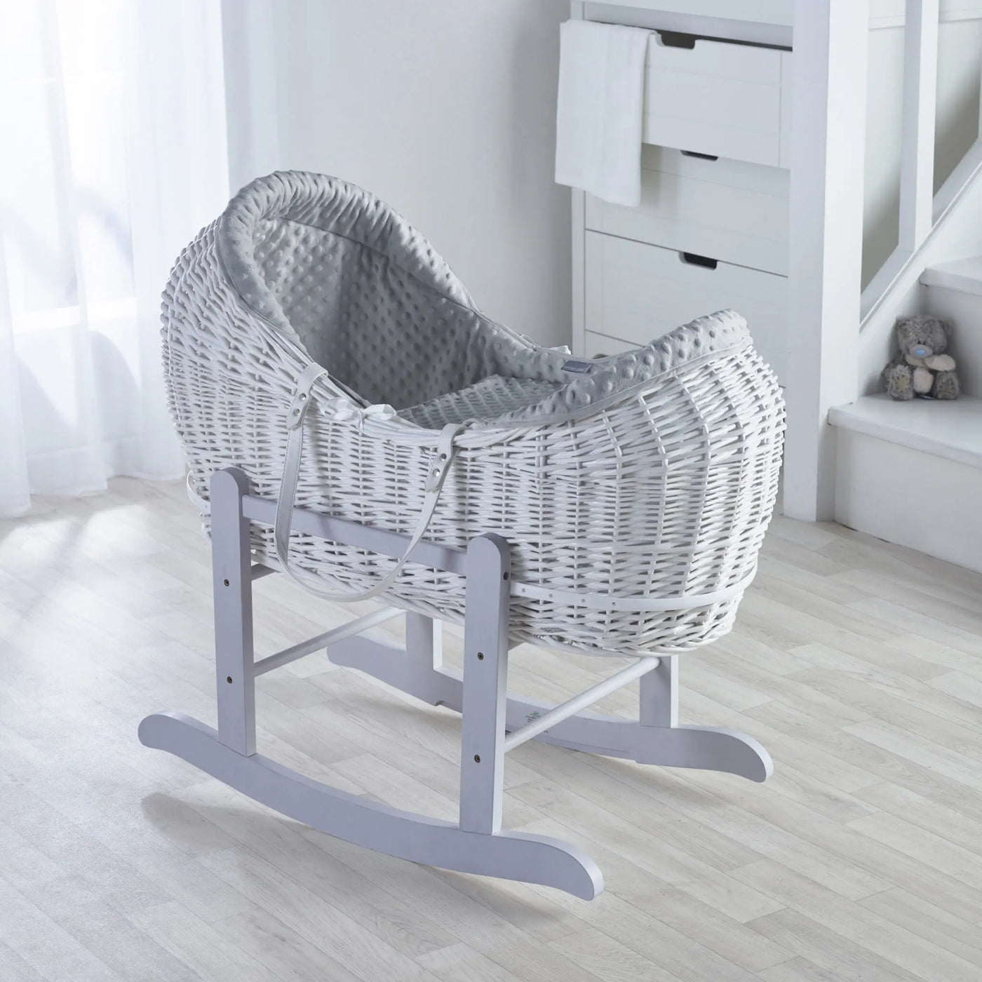 Baby Grey Dimple White Wicker Pod Moses Basket with Rocking Stand Deluxe Grey