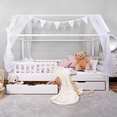 Kids White Bed, canopy, pennants, curtains, fairy lights, Can Be Added