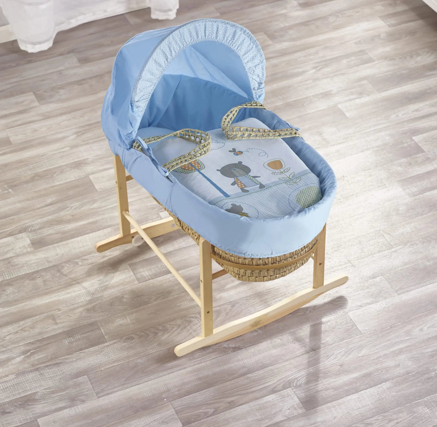 Tiny Ted Blue Palm Moses Basket with Folding Stand Natural/with Rocking Stand Natural