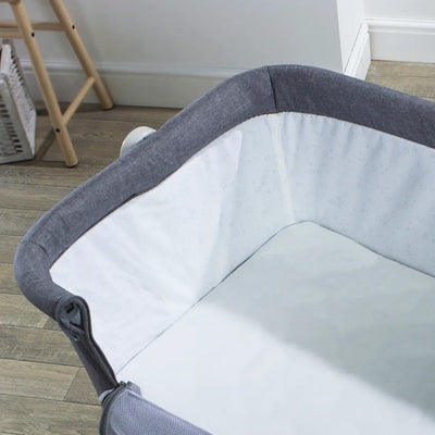 Classic Snoozie Bedside Crib -Antarctica Grey/ Storm Grey add Two Pack Of Fitted Sheets