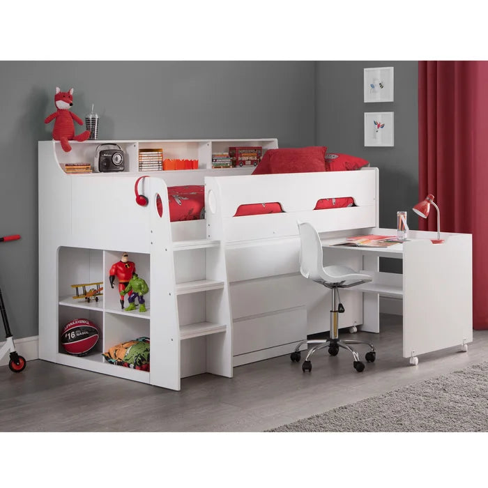 Kids (White) Single Bed 3 Drawer Mid Sleeper Loft Bed with Built-in-Desk