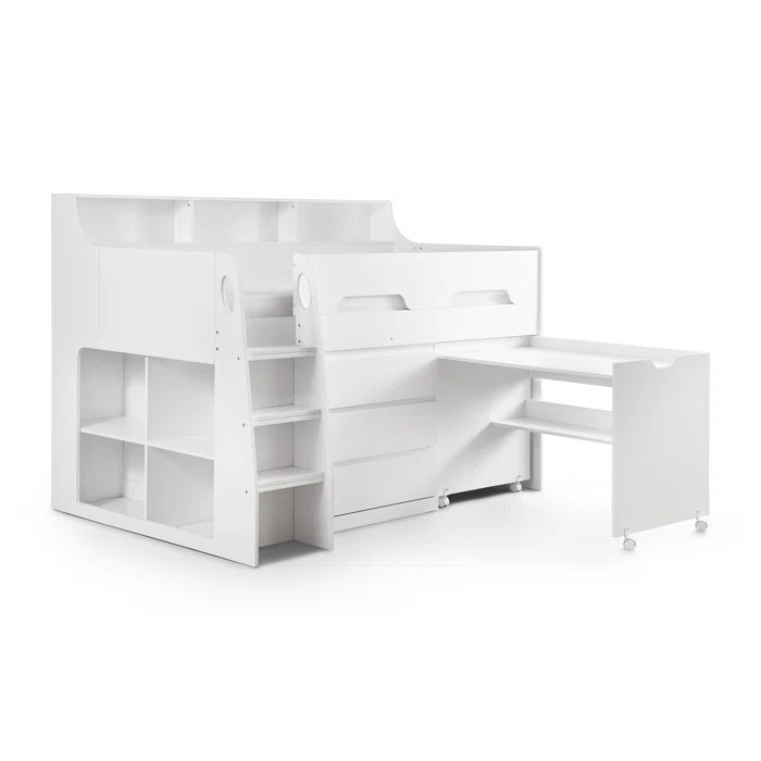 Kids (White) Single Bed 3 Drawer Mid Sleeper Loft Bed with Built-in-Desk