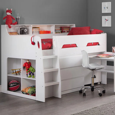 Kids (White) Single Bed 3 Drawer Mid Sleeper Loft Bed with Built-in-Desk