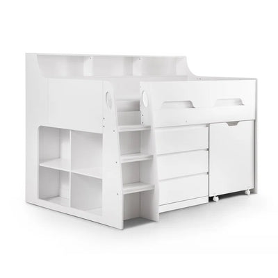 Kids (White) Single Bed 3 Drawer Mid Sleeper Loft Bed with Built-in-Desk