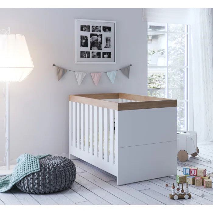 Modern Scandinavian-Inspired Designs Cot Bed by Little Acorns - White/Oak,  Grey/Oak