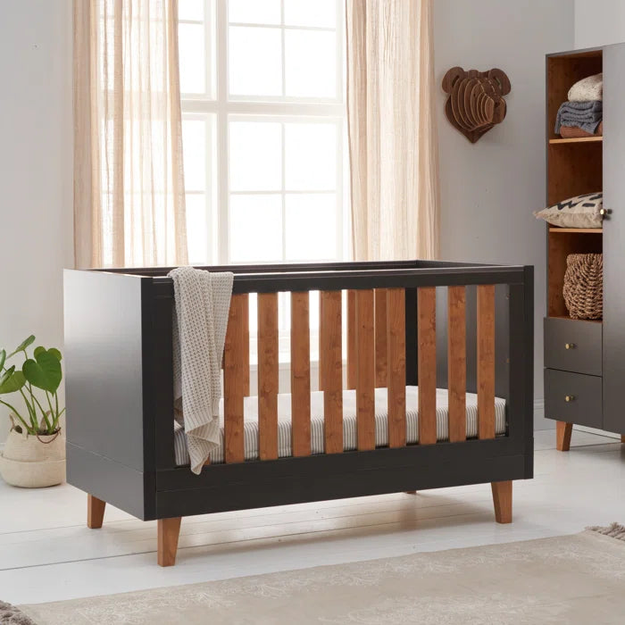 Cosy and Safe Modern Natural Wood Cot Bed - Slate Grey Rosewood,Distressed Oak/Slate Grey, White/Rosewood