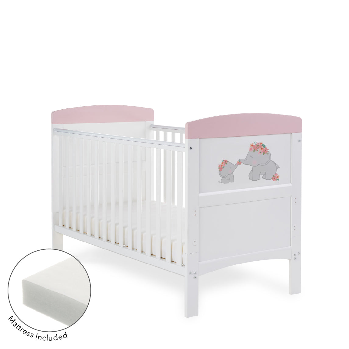 Modern Inspired Cot Bed - Me & Mini ME Elephants With Fibre Mattress Pink or Grey