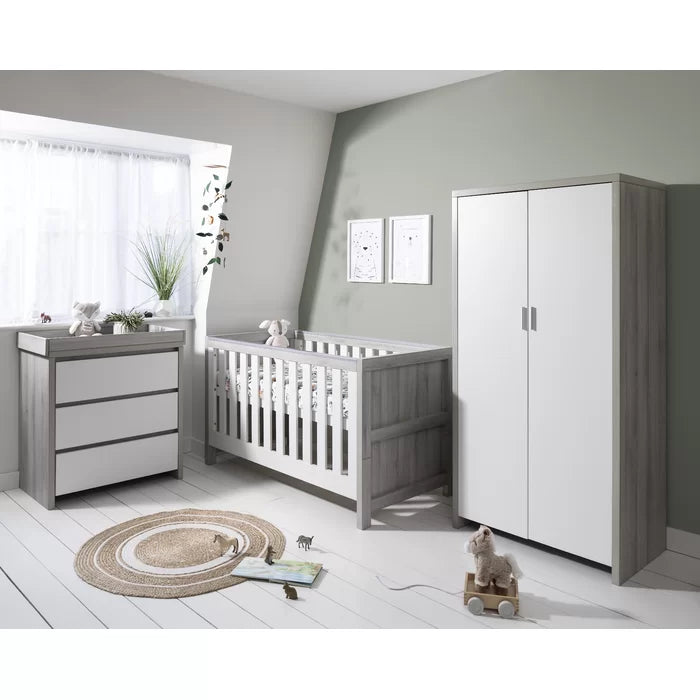 Beautiful Convertible Modena Cot Bed 3-Piece Nursery Furniture Set- Oak, White/Grey, White/Oak