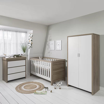 Beautiful Convertible Modena Cot Bed 3-Piece Nursery Furniture Set- Oak, White/Grey, White/Oak