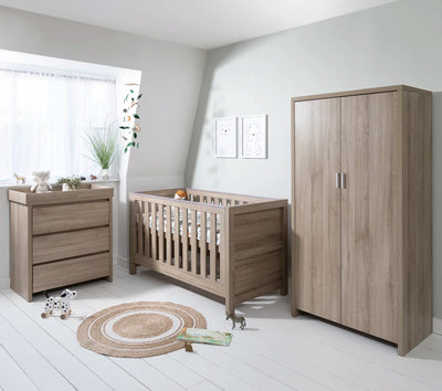 Beautiful Convertible Modena Cot Bed 3-Piece Nursery Furniture Set- Oak, White/Grey, White/Oak