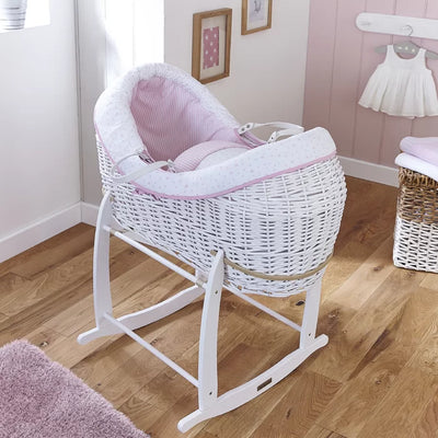 Baby Moses Basket with Bedding  - Blue, Grey, Pink