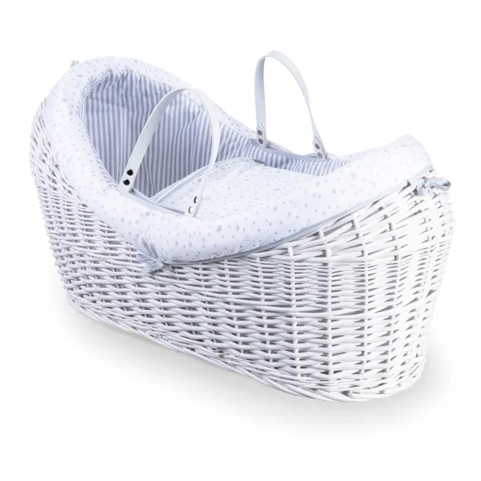 Baby Moses Basket with Bedding  - Blue, Grey, Pink