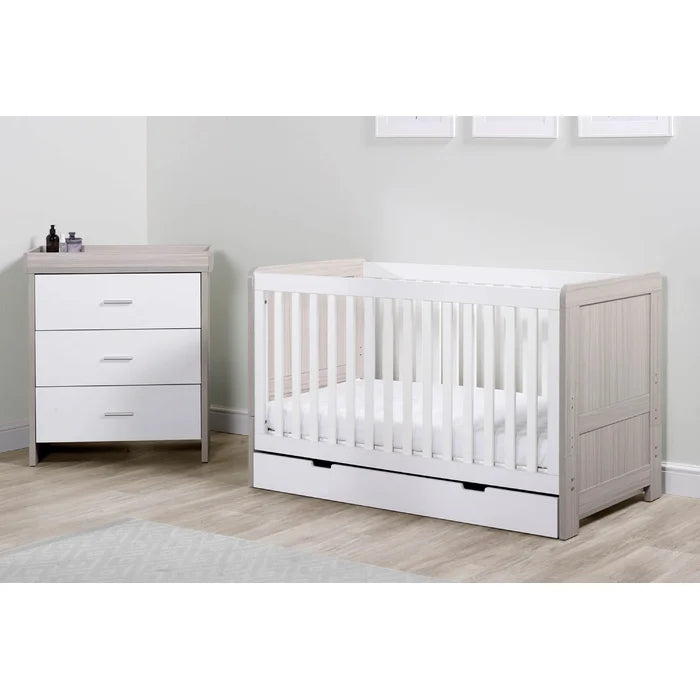 Nursery Bedroom Set Ickle Bubba Pembrey Cot Bed, Under Drawer and Changing Unit - Ash Grey/White