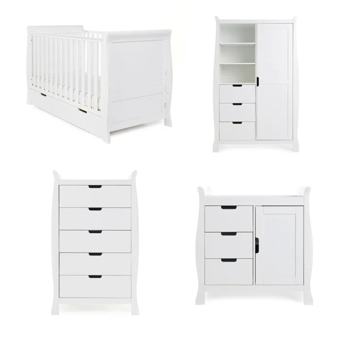 Cot 4 Piece Nursery Furniture Set Stamford Classic Sleigh  by Obaby - White