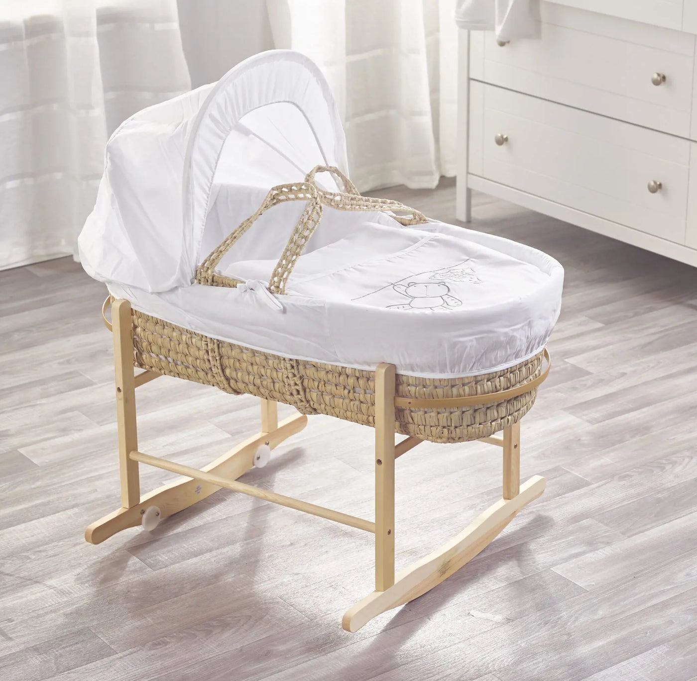 White Teddy Wash Day Palm Moses Basket  - Folding Stand White/Rocking Stand Grey/Natural