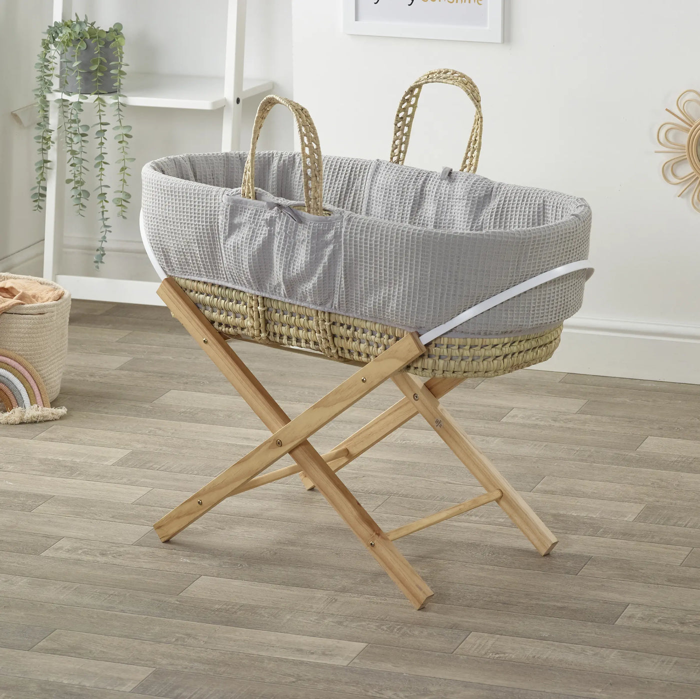 Baby Hoodless  Waffle Moses Basket - Grey, White