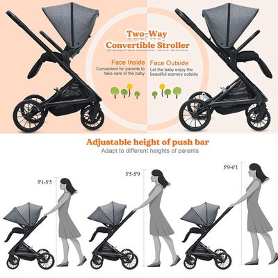 Durable Multifunctional Stroller Baby Pram 2-in-1 Convertible with Oversized Storage Basket Multifunctional