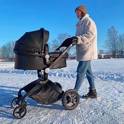 Versatile Stroller Baby Height-Adjustable Seat and Reclining Baby Car - Black