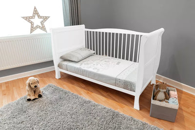 Sleigh White Cot Bed 120x60cm with Sprung Mattress Drawer is extra