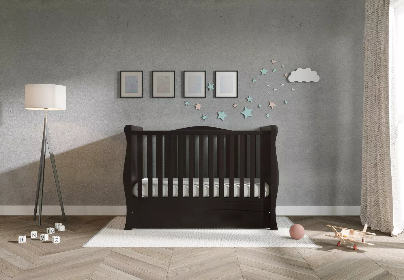 New Black Sleigh Baby Cot Bed Drawer – optional Fibre Mattress 140x70x10