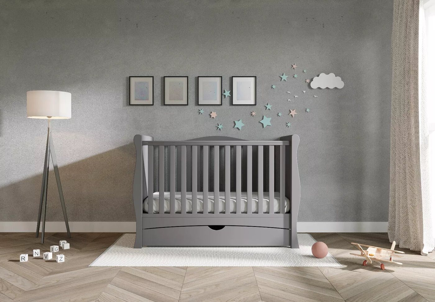 Baby Cot Bed Grey Sleigh GILBERT Baby Cot Bed Drawer – optional Fibre Mattress 140x70x10