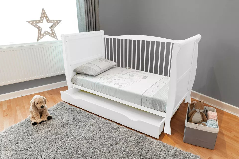 Sleigh White Cot Bed 120x60cm with Sprung Mattress Drawer is extra