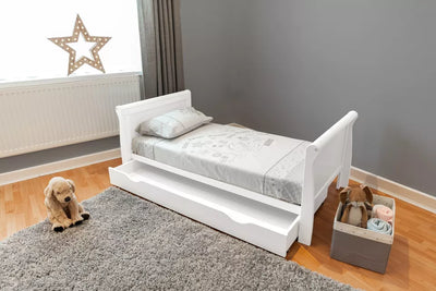 Sleigh White Cot Bed 120x60cm with Sprung Mattress Drawer is extra