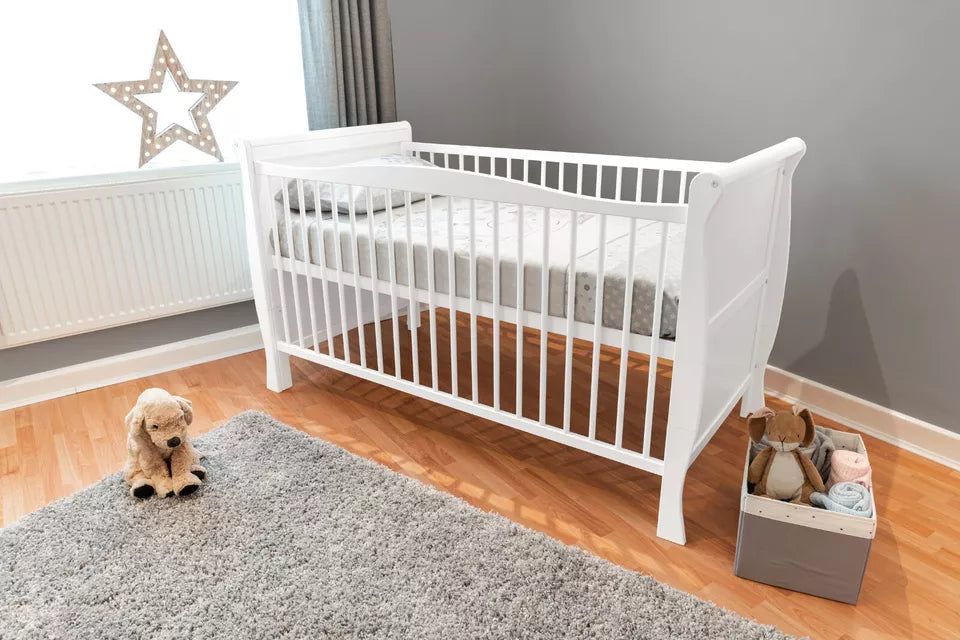 Sleigh White Cot Bed 120x60cm with Sprung Mattress Drawer is extra