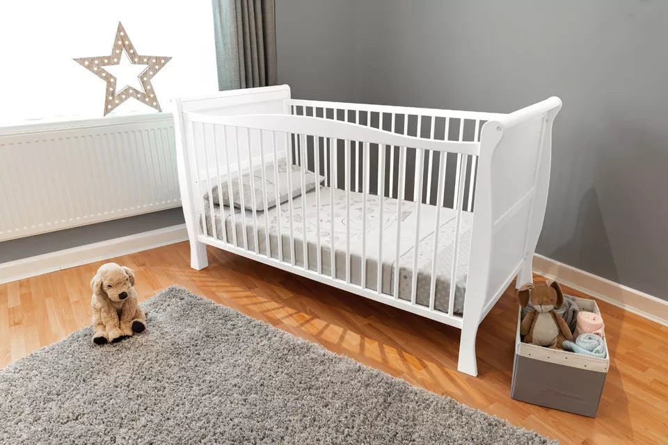 Sleigh White Cot Bed 120x60cm with Sprung Mattress Drawer is extra