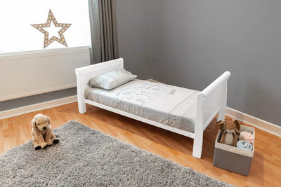 Sleigh White Cot Bed 120x60cm with Sprung Mattress Drawer is extra