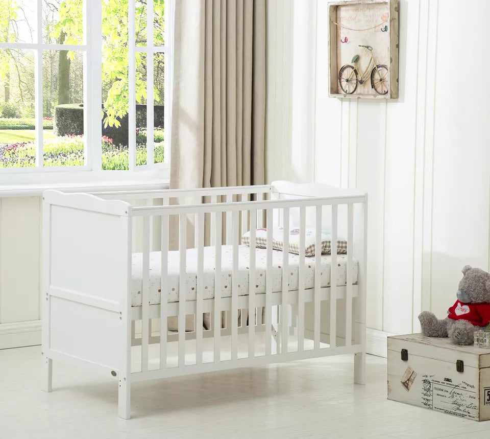 Baby Cot Bed Wooden Orlando and Water Repellent Mattress White or Grey