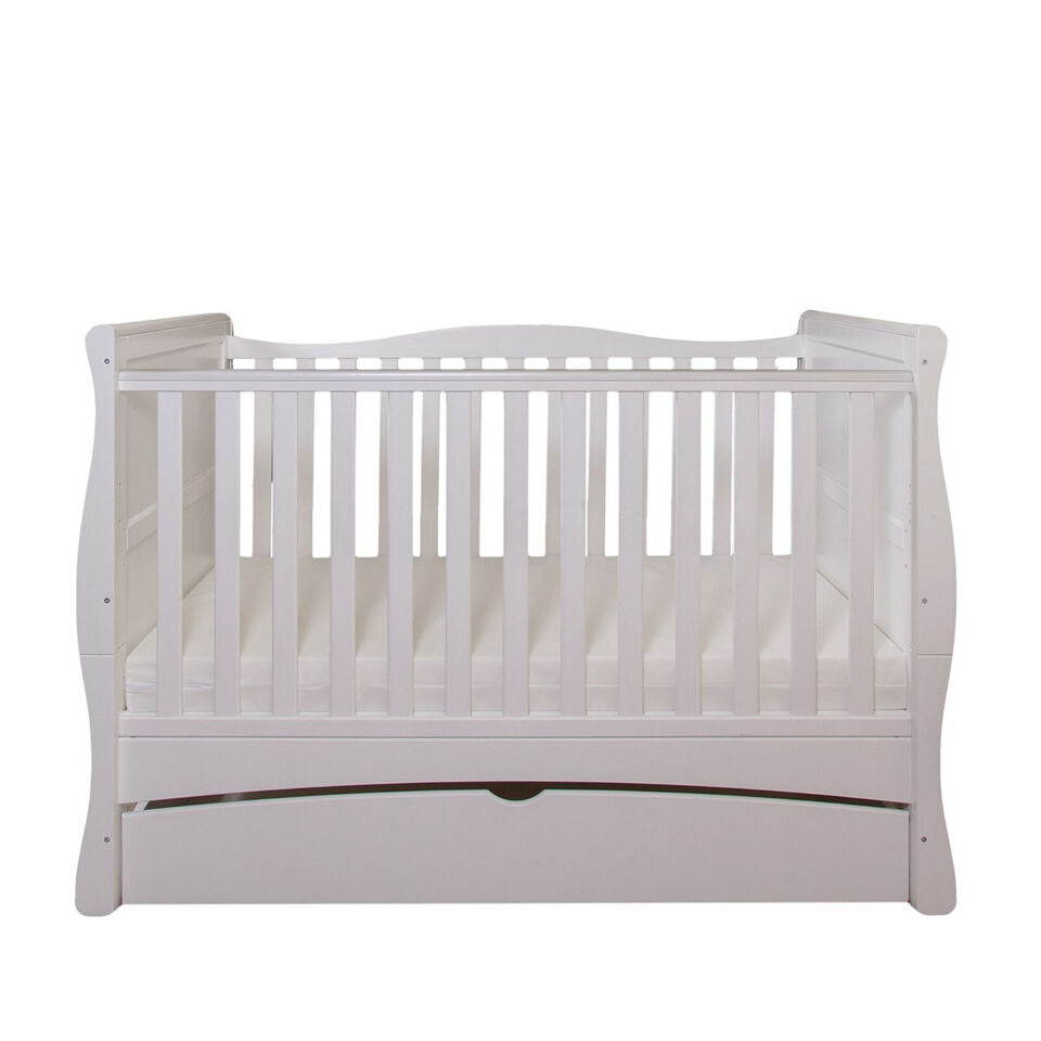 Baby Cot Bed White Sleigh GILBERT with Fibre Mattress 140x70x10