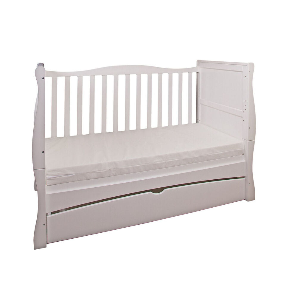 Baby Cot Bed White Sleigh GILBERT with Fibre Mattress 140x70x10