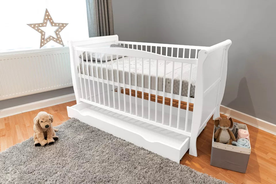 Sleigh White Cot Bed 120x60cm with Sprung Mattress Drawer is extra