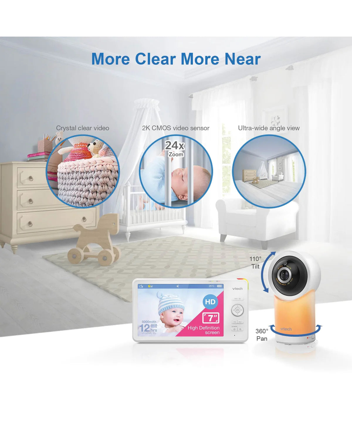 VTech RM7766HD 7 Smart Pan & Tilt Baby Monitor in White